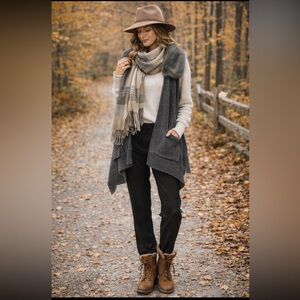 Draped Knit Faux Fur Collar Vest Soft Open Front Layering Cardigan Minimalist M